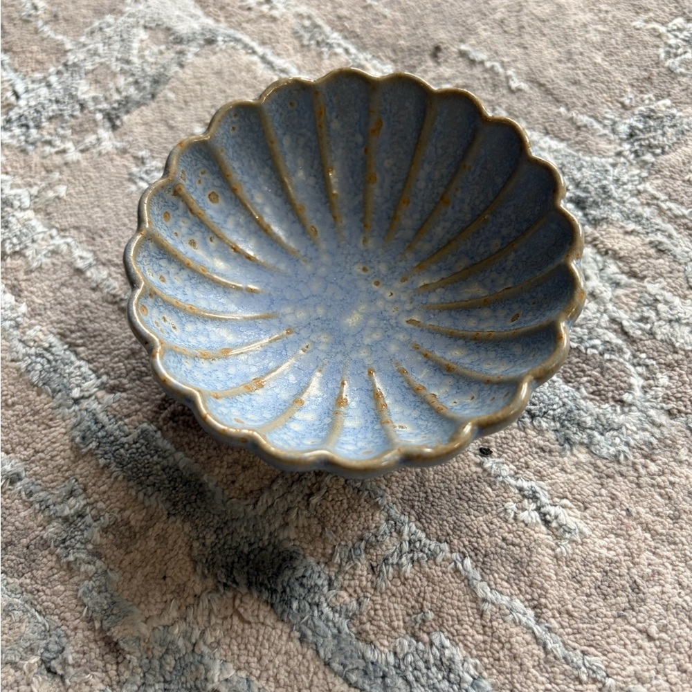 Scalloped Ceramic Dish in Light Blue with Gold Accents